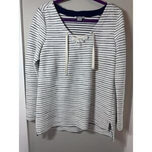Tommy Bahama White/Blue Striped Boat Neck Lace-Up Eyelet Knit Top S